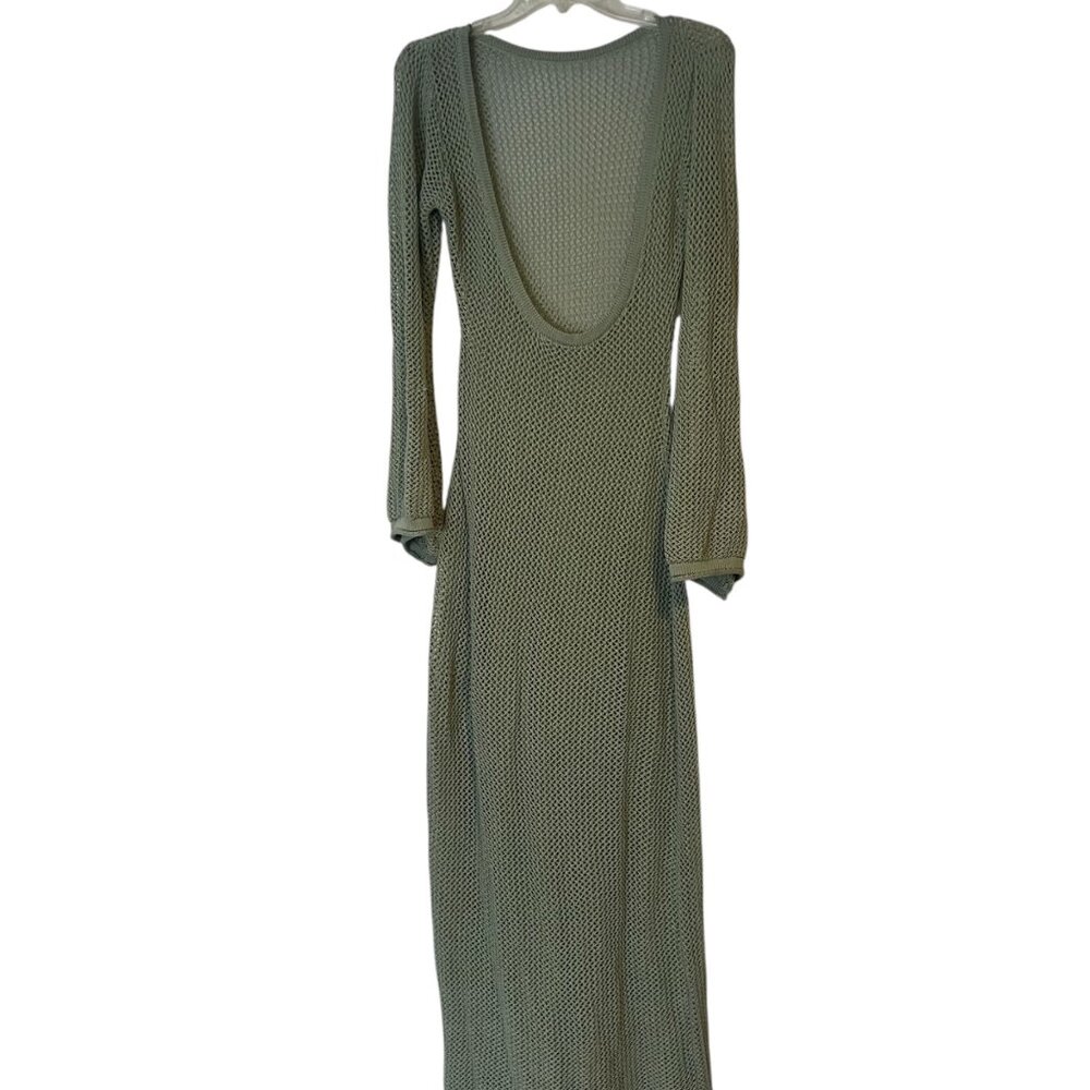 Crochet Maxi Womens Cover Up Dress Medium Green Swoop Neckline Long Sleeves NWOT